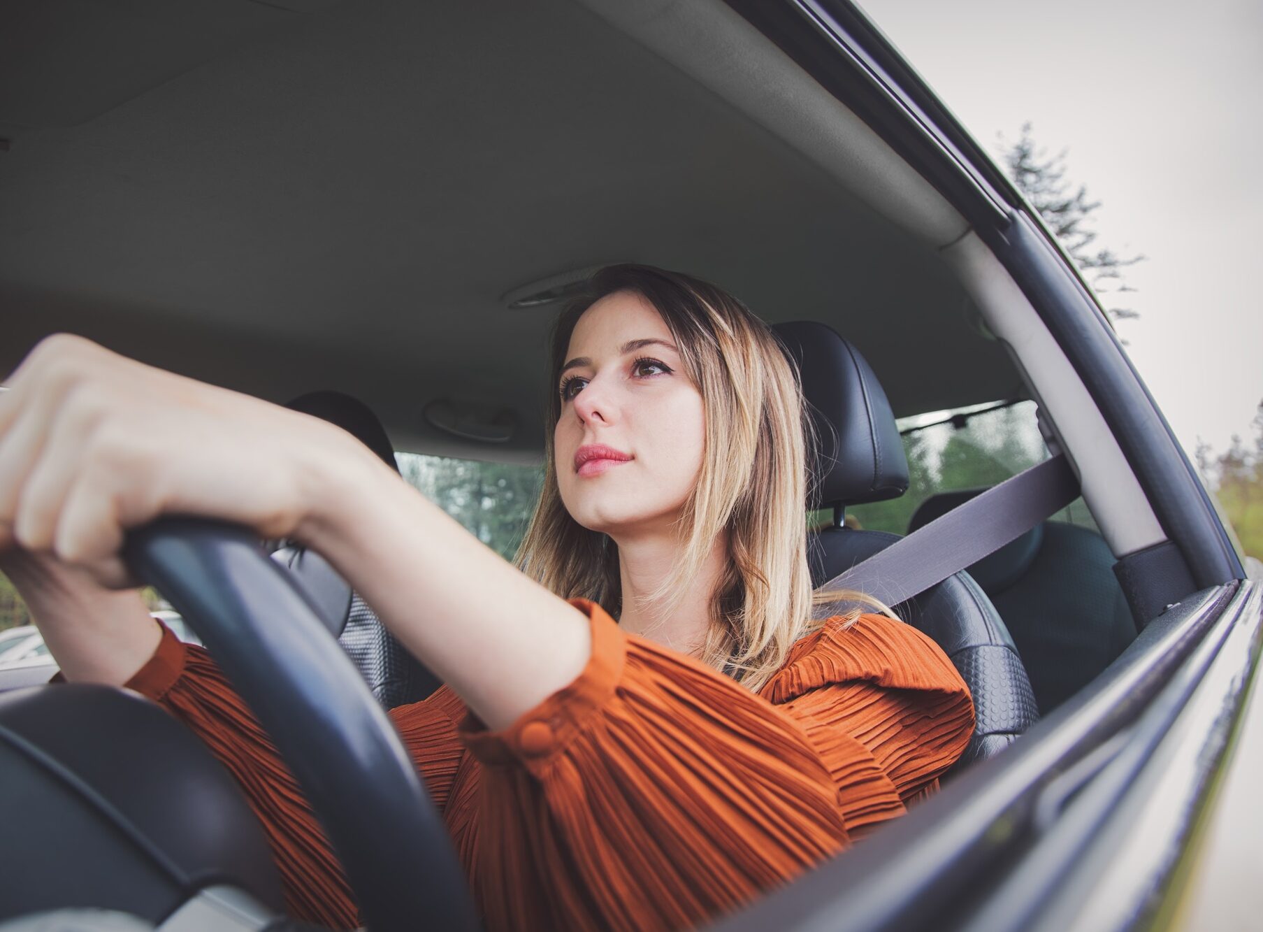 woman sitting on a driver place and hold a steering wheel